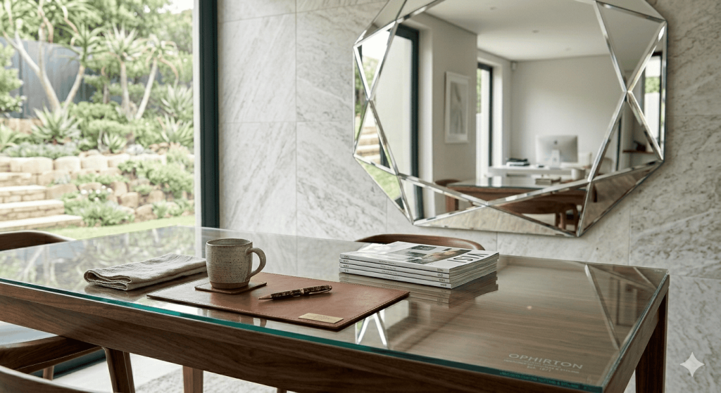 Modern minimalist kitchen with white cabinets, orange backsplash, marble floors, hallway, wooden doors, and a glass display cabinet with gold accents and lighting.